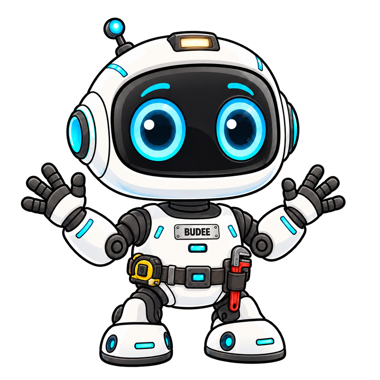Buddy, the FitUp robot mascot, holding a pipe wrench